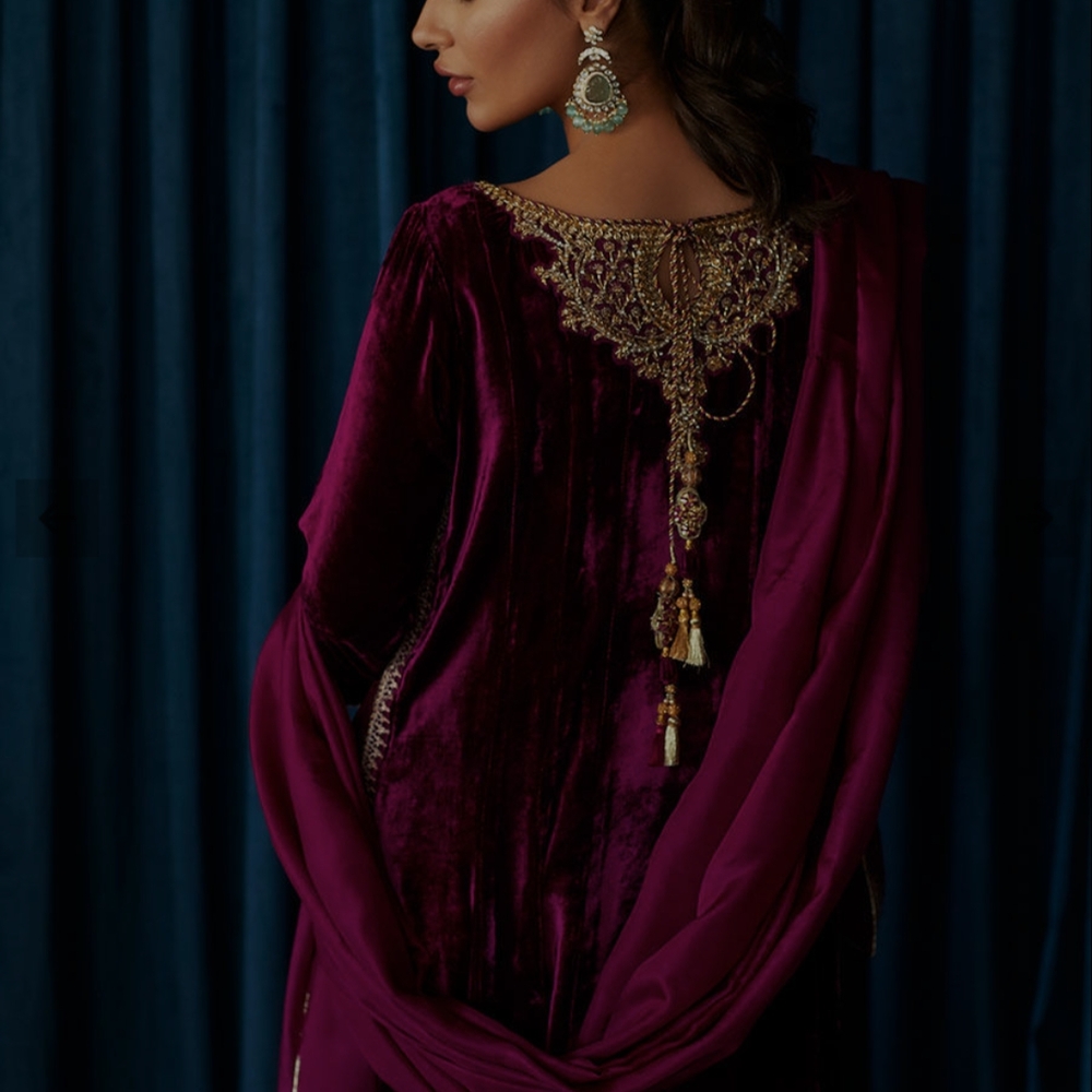 Elegant Purple Velvet Dress with Gold Embellishments